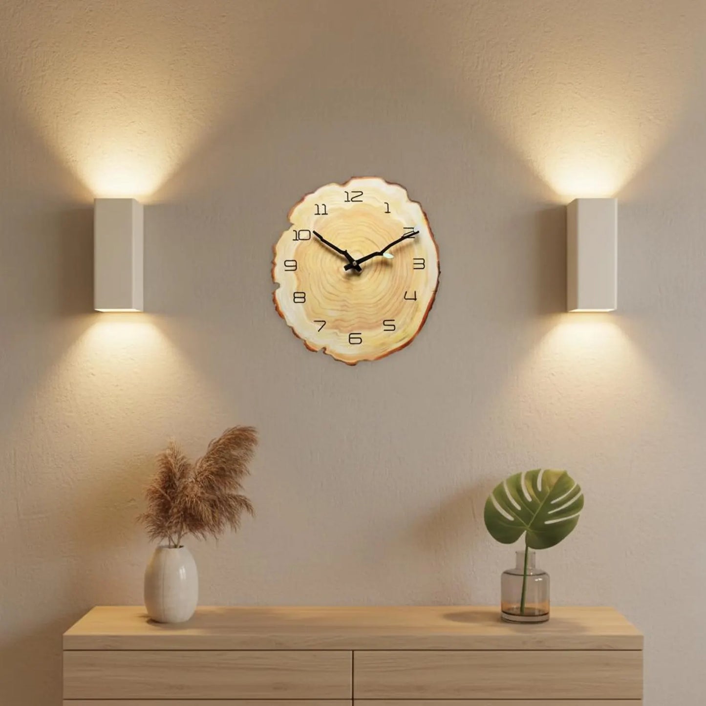 Orologio da parete in legno naturale effetto tronco su parete moderna