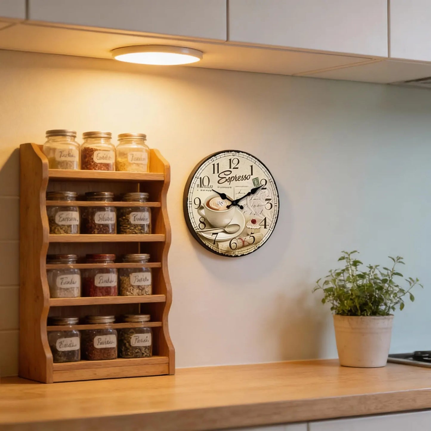 Orologio da parete cucina stile vintage espresso sopra tavolo da pranzo