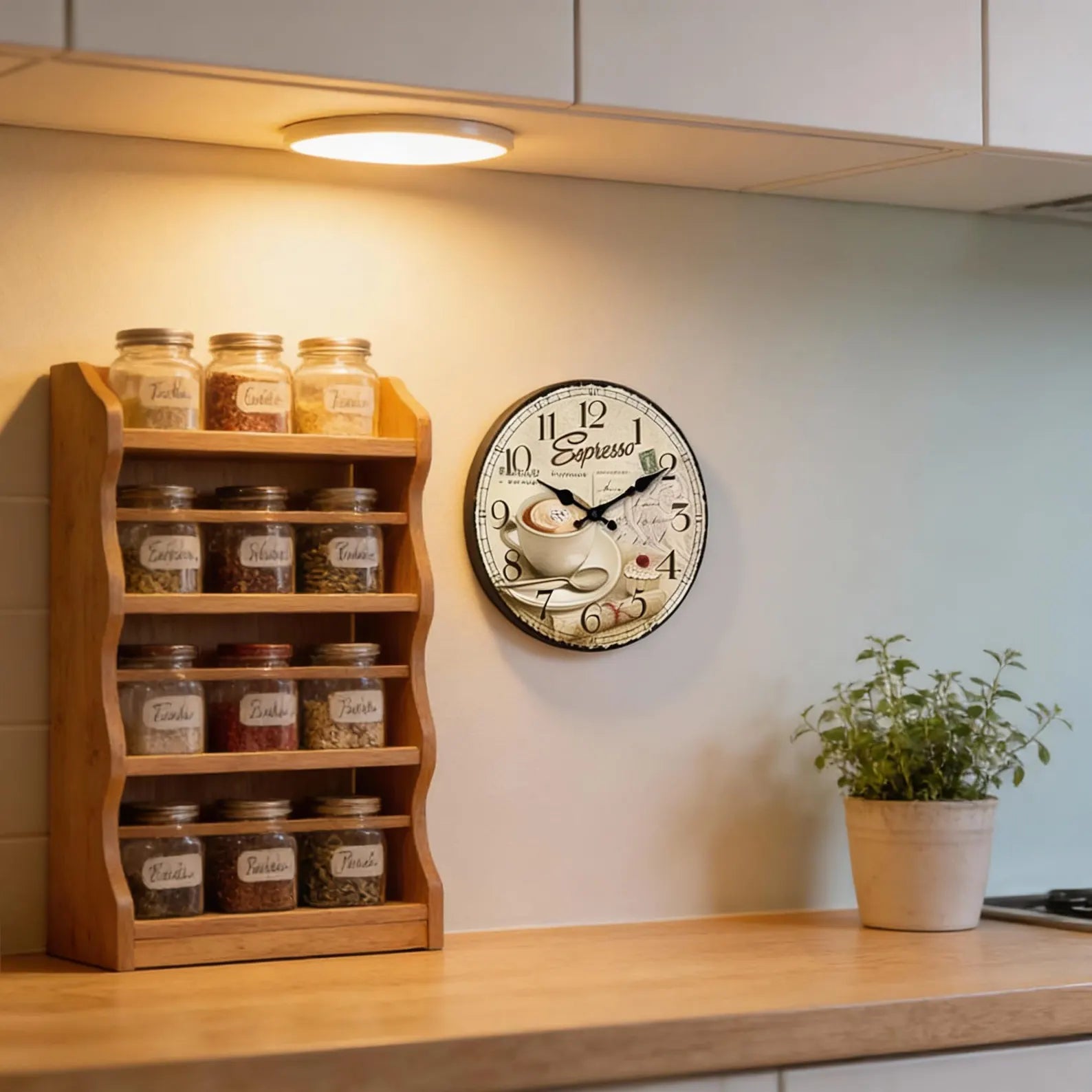 Orologio da parete cucina stile vintage espresso sopra tavolo da pranzo